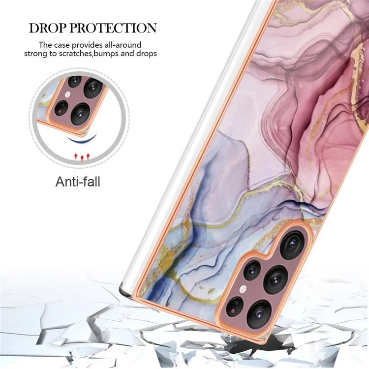 Para Samsung Galaxy S23 Ultra YB IMD Series-16 Style E Marble Pattern Electroplating Frame Phone Case 2.0mm IMD Flexible TPU Back Cover - Rose Gold