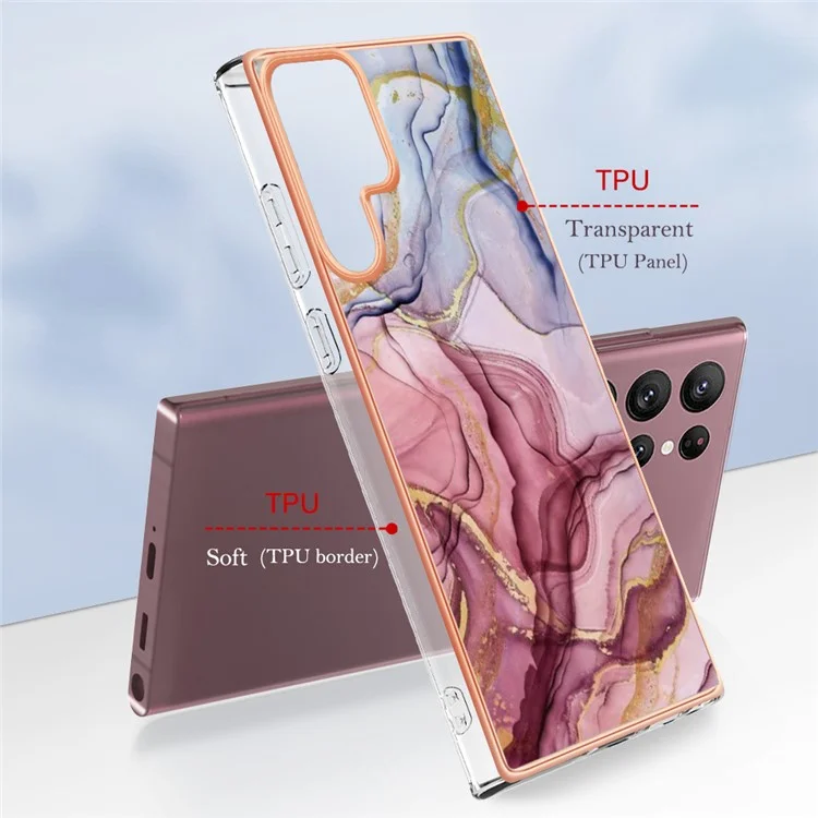 Para Samsung Galaxy S23 Ultra YB IMD Series-16 Style E Marble Pattern Electroplating Frame Phone Case 2.0mm IMD Flexible TPU Back Cover - Rose Gold