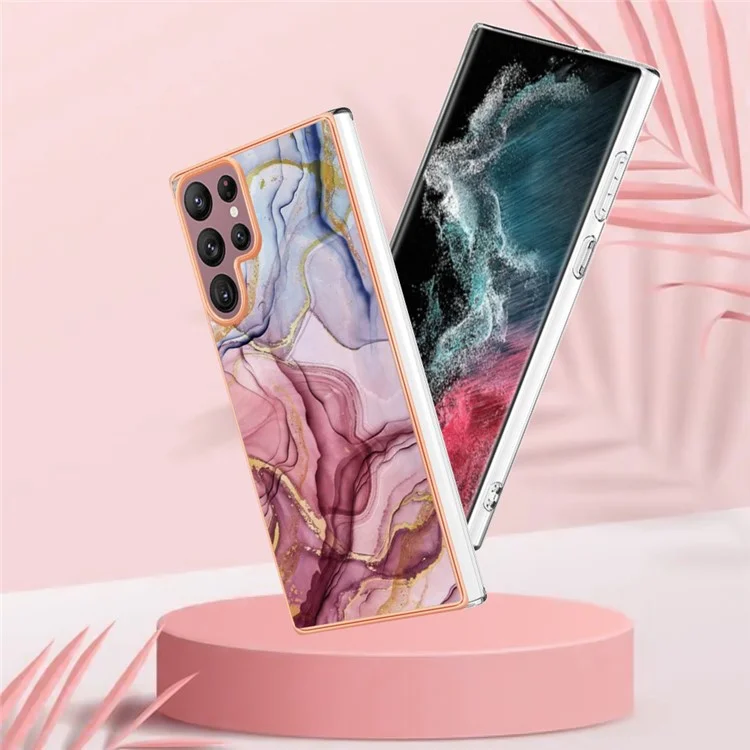 Para Samsung Galaxy S23 Ultra YB IMD Series-16 Style E Marble Pattern Electroplating Frame Phone Case 2.0mm IMD Flexible TPU Back Cover - Rose Gold
