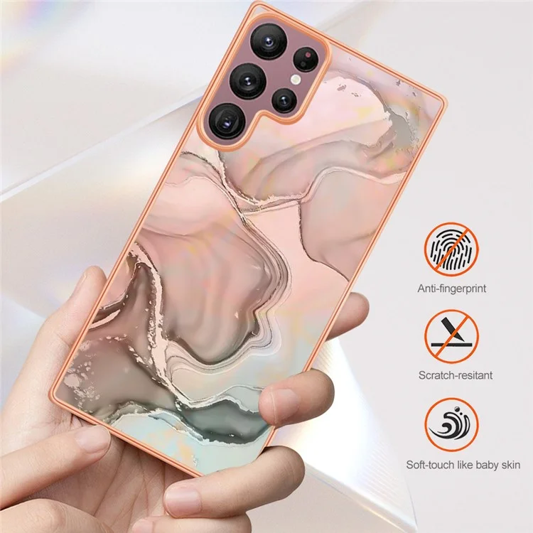 Para Samsung Galaxy S23 Ultra YB IMD Series-16 Style E Marble Pattern Electroplating Frame Phone Case 2.0mm IMD Flexible TPU Back Cover - Rose Gold