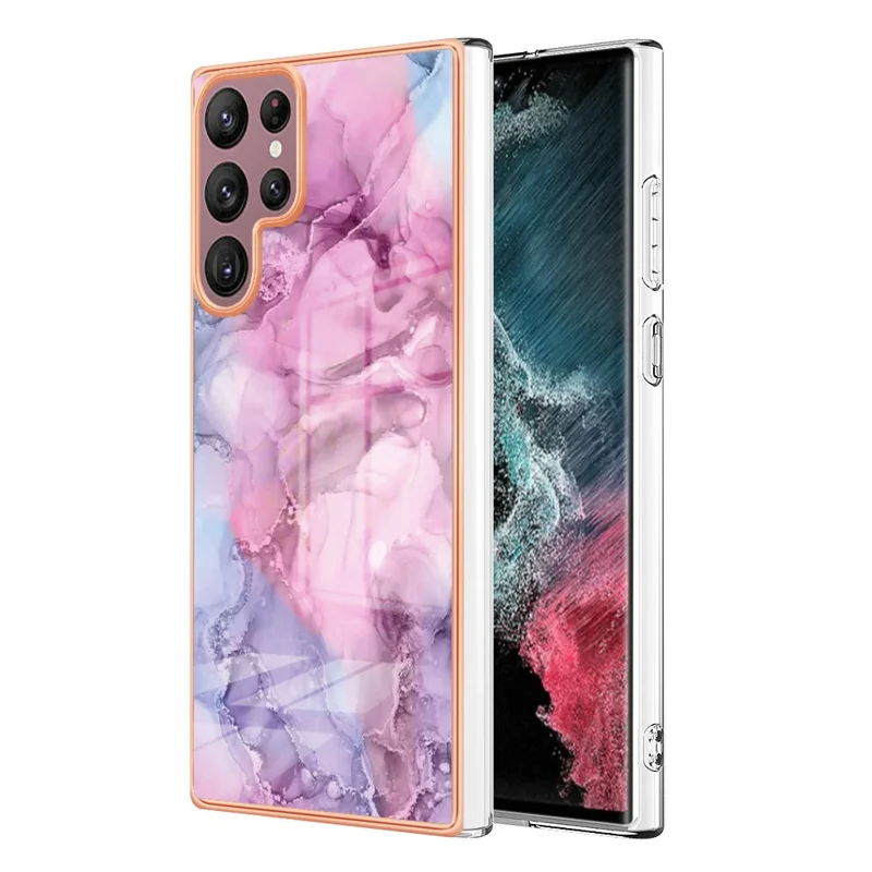 For Samsung Galaxy S23 Ultra YB IMD Series-16 Style E Marble Pattern Electroplating Frame Phone Case 2.0mm IMD Flexible TPU Back Cover - Rose