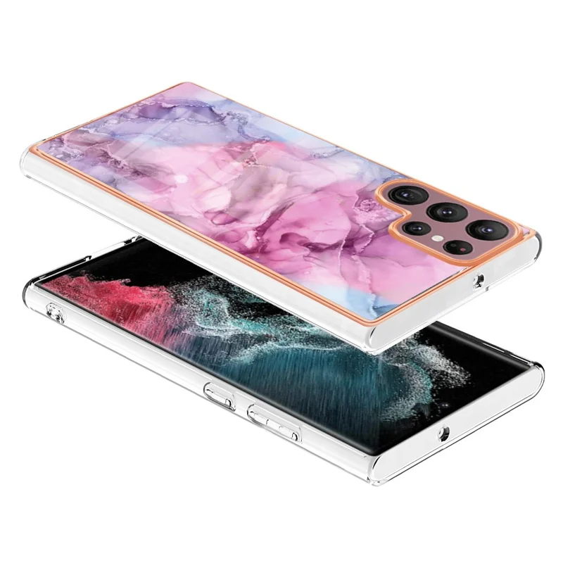 For Samsung Galaxy S23 Ultra YB IMD Series-16 Style E Marble Pattern Electroplating Frame Phone Case 2.0mm IMD Flexible TPU Back Cover - Rose