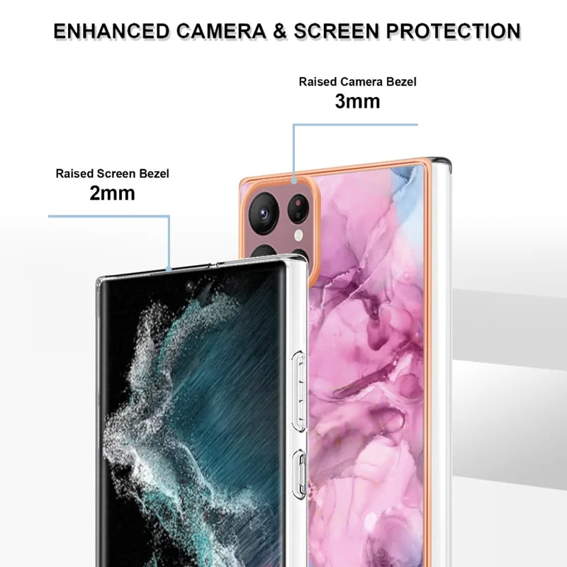 For Samsung Galaxy S23 Ultra YB IMD Series-16 Style E Marble Pattern Electroplating Frame Phone Case 2.0mm IMD Flexible TPU Back Cover - Rose