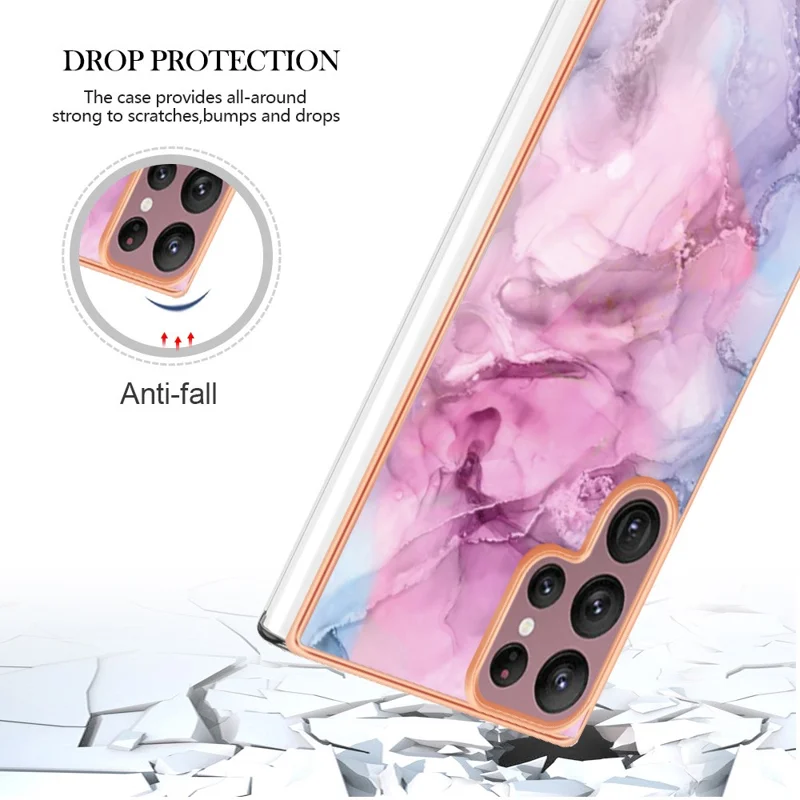 For Samsung Galaxy S23 Ultra YB IMD Series-16 Style E Marble Pattern Electroplating Frame Phone Case 2.0mm IMD Flexible TPU Back Cover - Rose