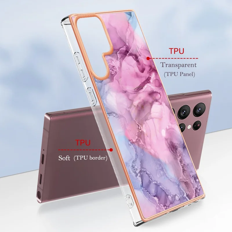 For Samsung Galaxy S23 Ultra YB IMD Series-16 Style E Marble Pattern Electroplating Frame Phone Case 2.0mm IMD Flexible TPU Back Cover - Rose