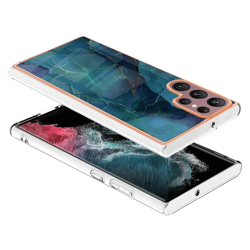 For Samsung Galaxy S23 Ultra YB IMD Series-16 Style E Marble Pattern Electroplating Frame Phone Case 2.0mm IMD Flexible TPU Back Cover - Green