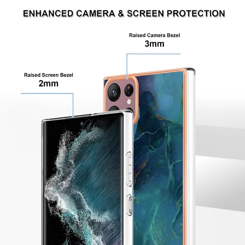 For Samsung Galaxy S23 Ultra YB IMD Series-16 Style E Marble Pattern Electroplating Frame Phone Case 2.0mm IMD Flexible TPU Back Cover - Green