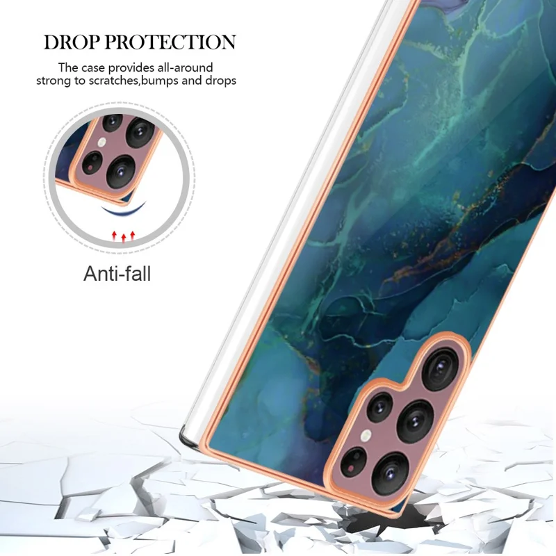 For Samsung Galaxy S23 Ultra YB IMD Series-16 Style E Marble Pattern Electroplating Frame Phone Case 2.0mm IMD Flexible TPU Back Cover - Green
