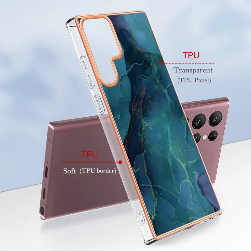 For Samsung Galaxy S23 Ultra YB IMD Series-16 Style E Marble Pattern Electroplating Frame Phone Case 2.0mm IMD Flexible TPU Back Cover - Green