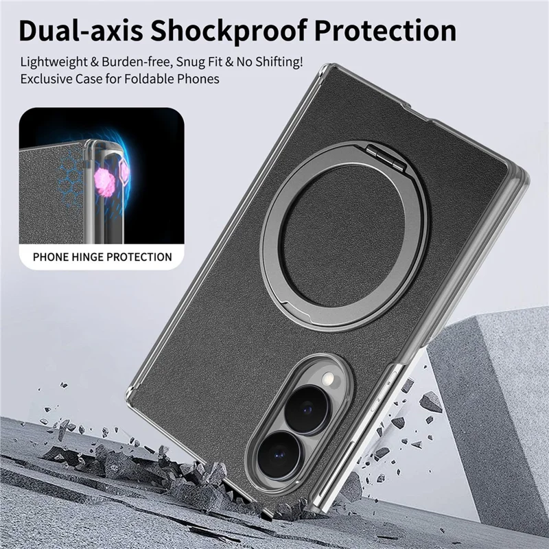 For Samsung Galaxy Z Fold8 Magnetic Phone Case with 360 Degree Rotating Ring Holder Dual-Axis Shockproof Protection - Black