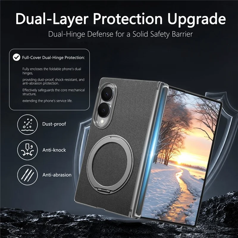 For Samsung Galaxy Z Fold8 Magnetic Phone Case with 360 Degree Rotating Ring Holder Dual-Axis Shockproof Protection - Black