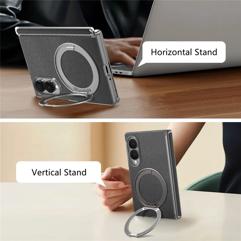 For Samsung Galaxy Z Fold8 Magnetic Phone Case with 360 Degree Rotating Ring Holder Dual-Axis Shockproof Protection - Black