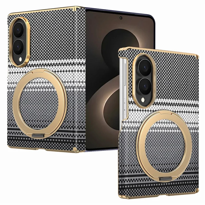 For Samsung Galaxy Z Fold8 Magnetic Case Ring Kickstand Hinge Design Electroplated Leather + PC Phone Cover - Black