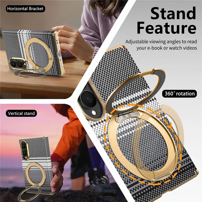 For Samsung Galaxy Z Fold8 Magnetic Case Ring Kickstand Hinge Design Electroplated Leather + PC Phone Cover - Black