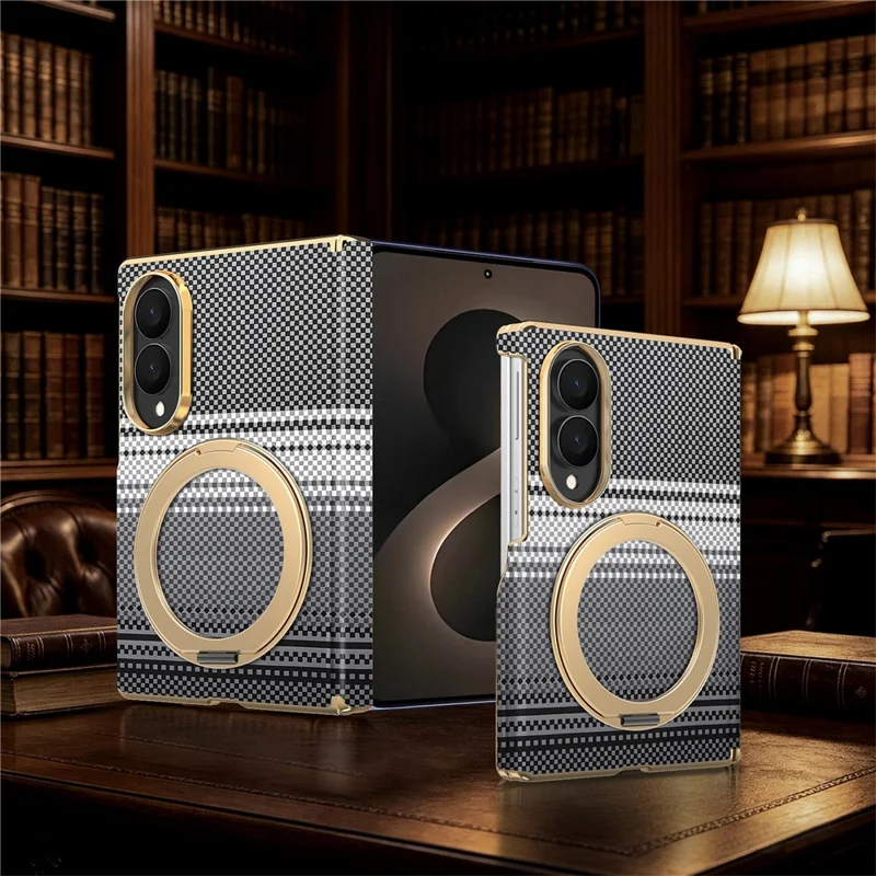 For Samsung Galaxy Z Fold8 Magnetic Case Ring Kickstand Hinge Design Electroplated Leather + PC Phone Cover - Black