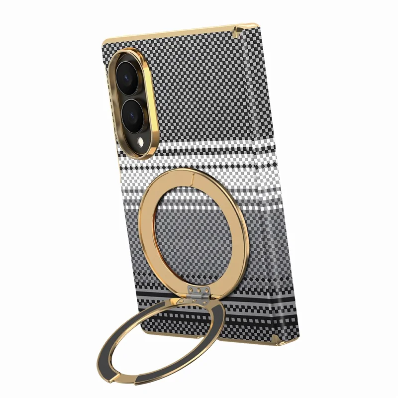 For Samsung Galaxy Z Fold8 Magnetic Case Ring Kickstand Hinge Design Electroplated Leather + PC Phone Cover - Black