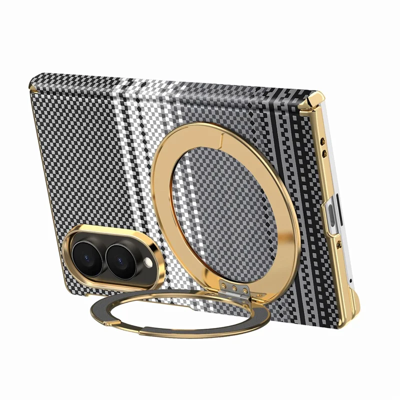 For Samsung Galaxy Z Fold8 Magnetic Case Ring Kickstand Hinge Design Electroplated Leather + PC Phone Cover - Black