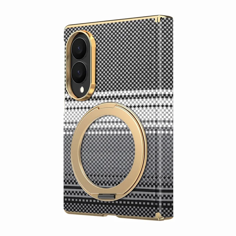 For Samsung Galaxy Z Fold8 Magnetic Case Ring Kickstand Hinge Design Electroplated Leather + PC Phone Cover - Black