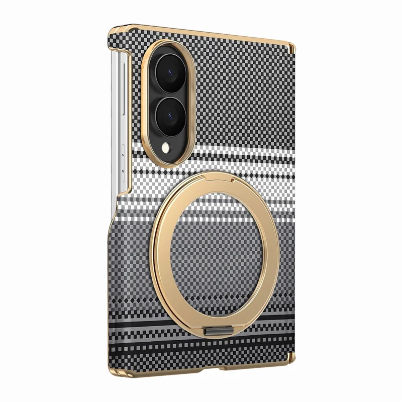 For Samsung Galaxy Z Fold8 Magnetic Case Ring Kickstand Hinge Design Electroplated Leather + PC Phone Cover - Black