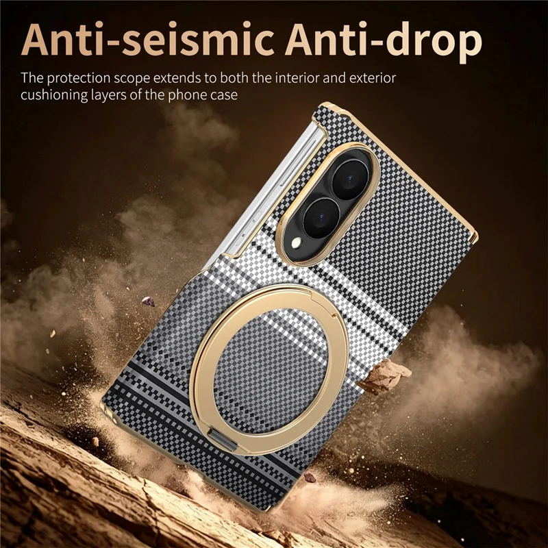 For Samsung Galaxy Z Fold8 Magnetic Case Ring Kickstand Hinge Design Electroplated Leather + PC Phone Cover - Black