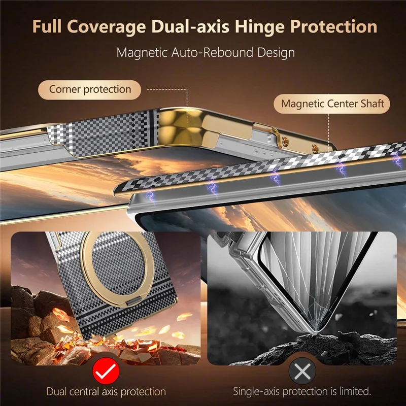 For Samsung Galaxy Z Fold8 Magnetic Case Ring Kickstand Hinge Design Electroplated Leather + PC Phone Cover - Black