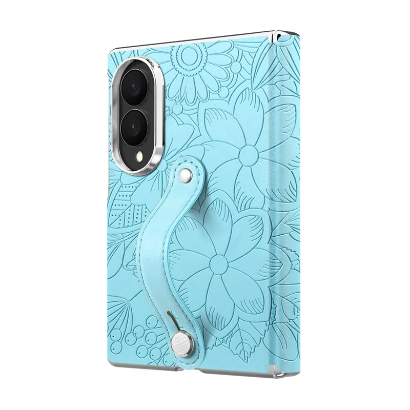 For Samsung Galaxy Z Fold8 Case Flower Leaf Embossed Dual-Axis Hinge Protection Leather Back Cover with Wrist Strap - Blue
