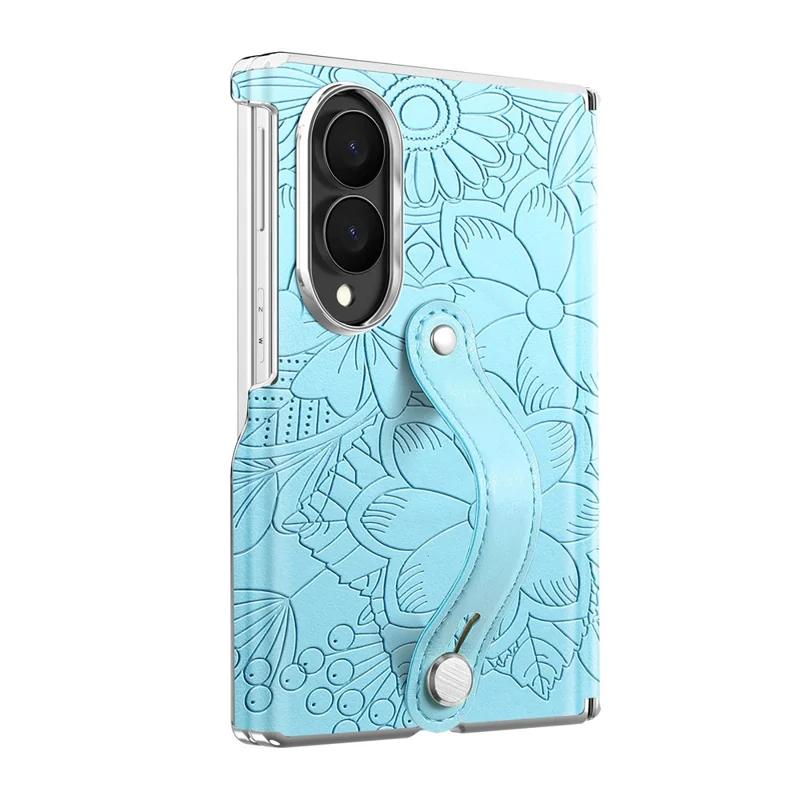 For Samsung Galaxy Z Fold8 Case Flower Leaf Embossed Dual-Axis Hinge Protection Leather Back Cover with Wrist Strap - Blue