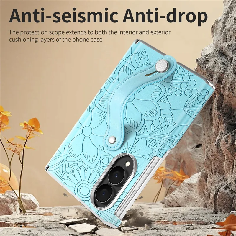 For Samsung Galaxy Z Fold8 Case Flower Leaf Embossed Dual-Axis Hinge Protection Leather Back Cover with Wrist Strap - Blue