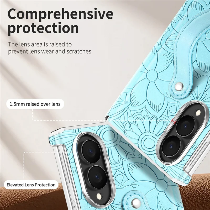 For Samsung Galaxy Z Fold8 Case Flower Leaf Embossed Dual-Axis Hinge Protection Leather Back Cover with Wrist Strap - Blue