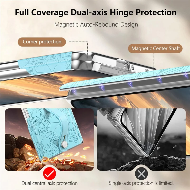 For Samsung Galaxy Z Fold8 Case Flower Leaf Embossed Dual-Axis Hinge Protection Leather Back Cover with Wrist Strap - Blue
