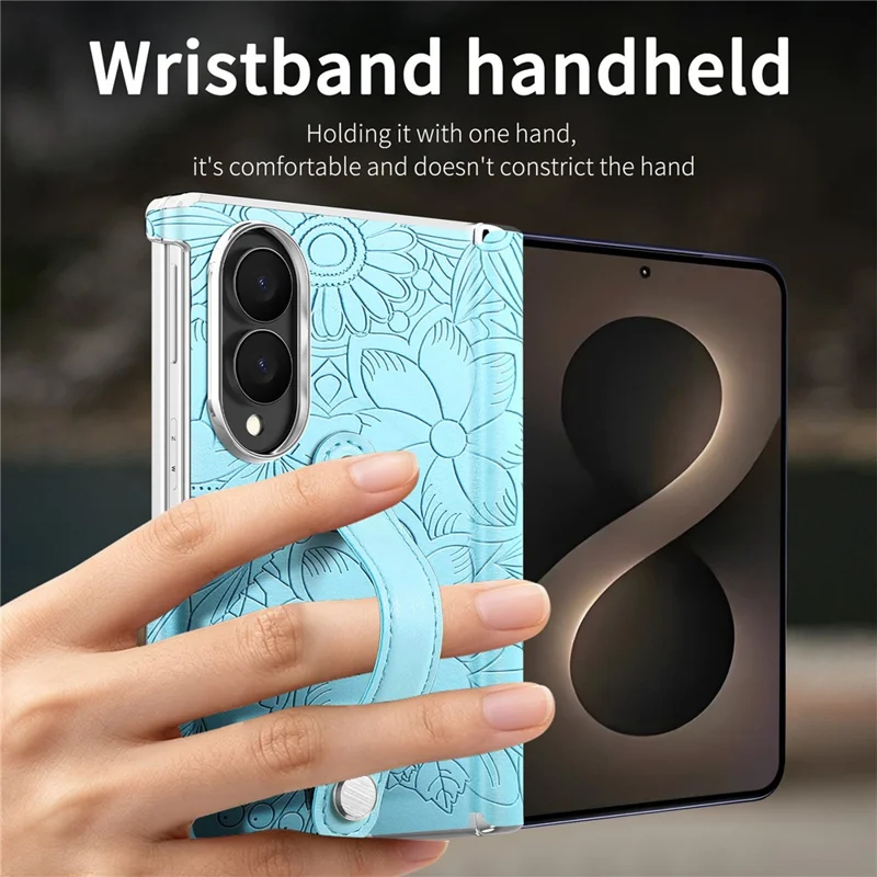 For Samsung Galaxy Z Fold8 Case Flower Leaf Embossed Dual-Axis Hinge Protection Leather Back Cover with Wrist Strap - Blue