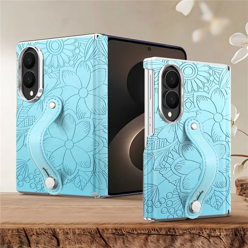 For Samsung Galaxy Z Fold8 Case Flower Leaf Embossed Dual-Axis Hinge Protection Leather Back Cover with Wrist Strap - Blue