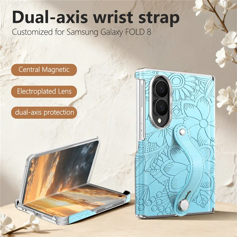 For Samsung Galaxy Z Fold8 Case Flower Leaf Embossed Dual-Axis Hinge Protection Leather Back Cover with Wrist Strap - Blue