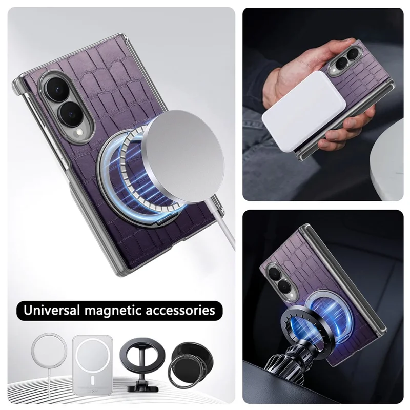 For Samsung Galaxy Z Fold8 Case Rotating Kickstand Magnetic Center Axis Shockproof Crocodile Pattern Leather Back Cover - Purple