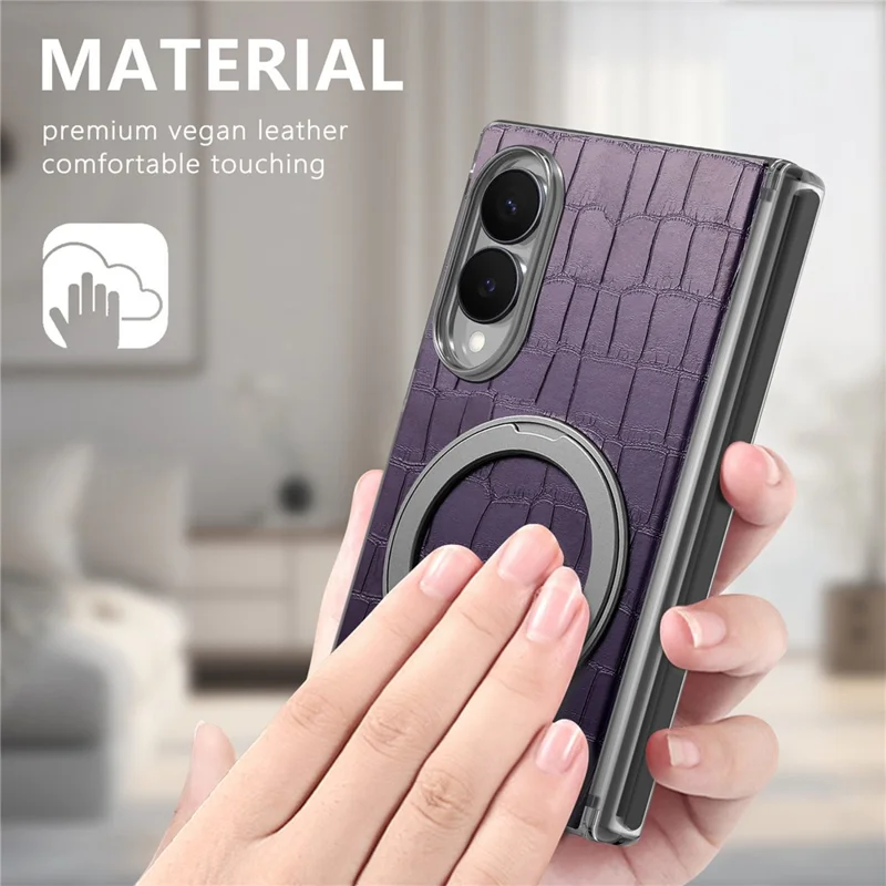 For Samsung Galaxy Z Fold8 Case Rotating Kickstand Magnetic Center Axis Shockproof Crocodile Pattern Leather Back Cover - Purple