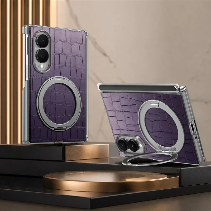 For Samsung Galaxy Z Fold8 Case Rotating Kickstand Magnetic Center Axis Shockproof Crocodile Pattern Leather Back Cover - Purple