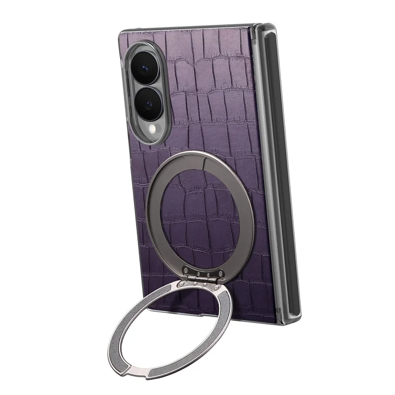 For Samsung Galaxy Z Fold8 Case Rotating Kickstand Magnetic Center Axis Shockproof Crocodile Pattern Leather Back Cover - Purple