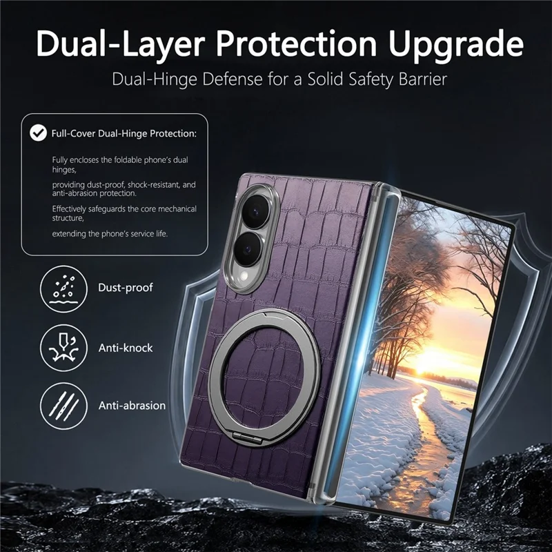 For Samsung Galaxy Z Fold8 Case Rotating Kickstand Magnetic Center Axis Shockproof Crocodile Pattern Leather Back Cover - Purple