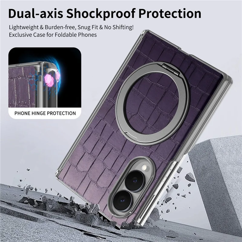 For Samsung Galaxy Z Fold8 Case Rotating Kickstand Magnetic Center Axis Shockproof Crocodile Pattern Leather Back Cover - Purple