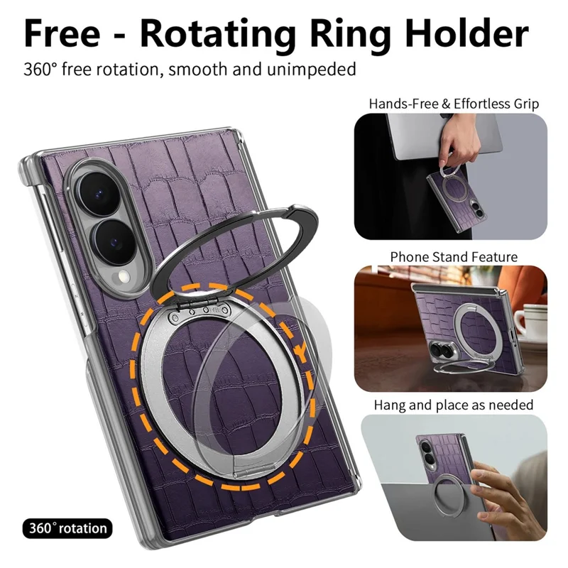 For Samsung Galaxy Z Fold8 Case Rotating Kickstand Magnetic Center Axis Shockproof Crocodile Pattern Leather Back Cover - Purple