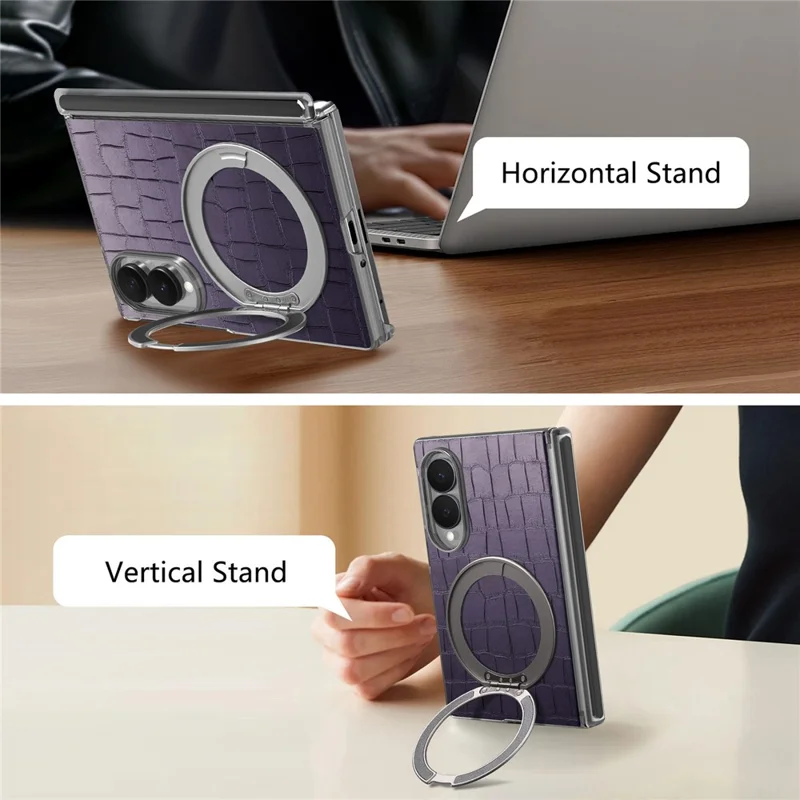 For Samsung Galaxy Z Fold8 Case Rotating Kickstand Magnetic Center Axis Shockproof Crocodile Pattern Leather Back Cover - Purple