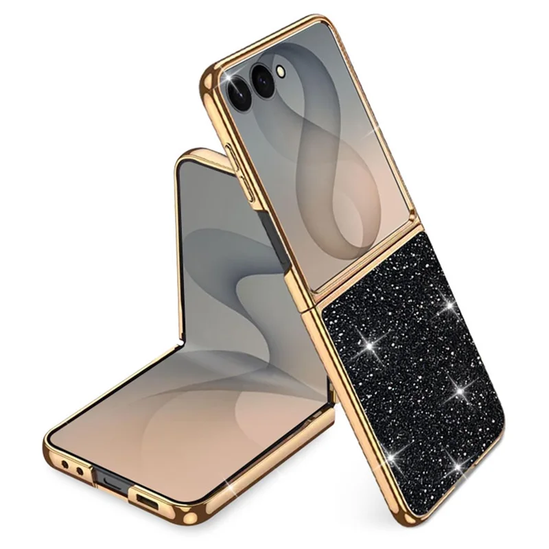 For Samsung Galaxy Z Flip8 Case Leather + PC Electroplating Glitter Phone Cover - Black
