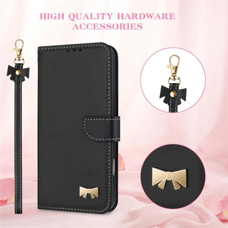 For Honor 600 Smart 5G / X7e Plus 5G Case Bowknot Decor Wallet Leather Phone Cover with Wrist Strap - Black