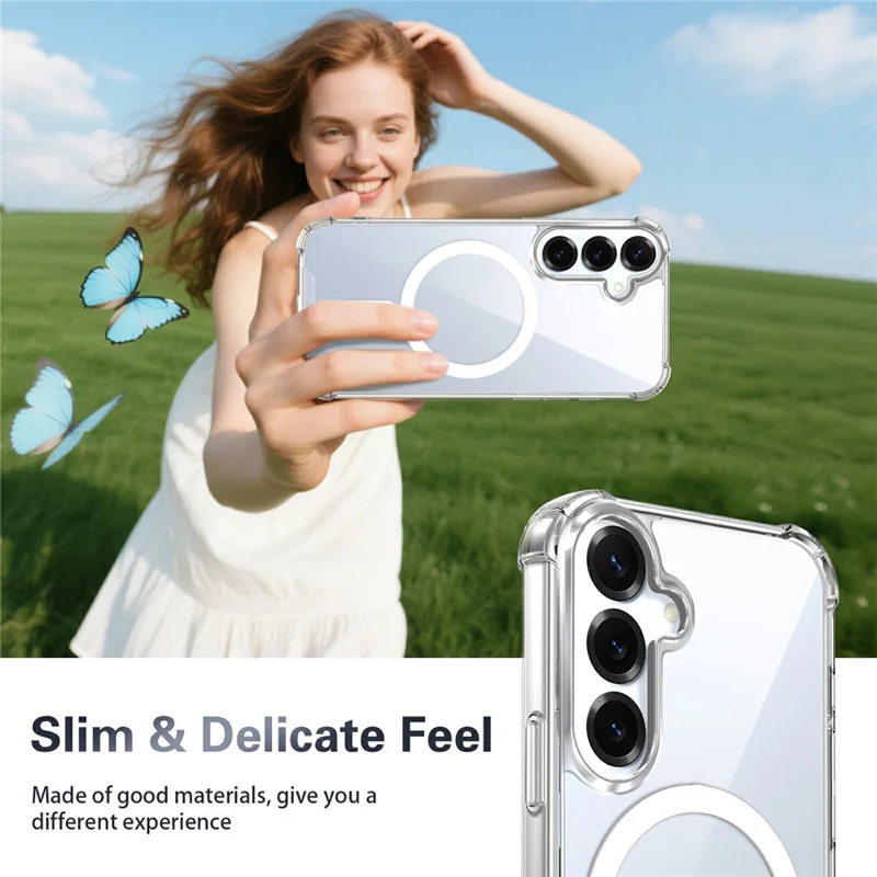 For Samsung Galaxy S26+ Magnetic Case Four-Corner Drop Protection TPU + PC Clear Phone Cover - Transparent