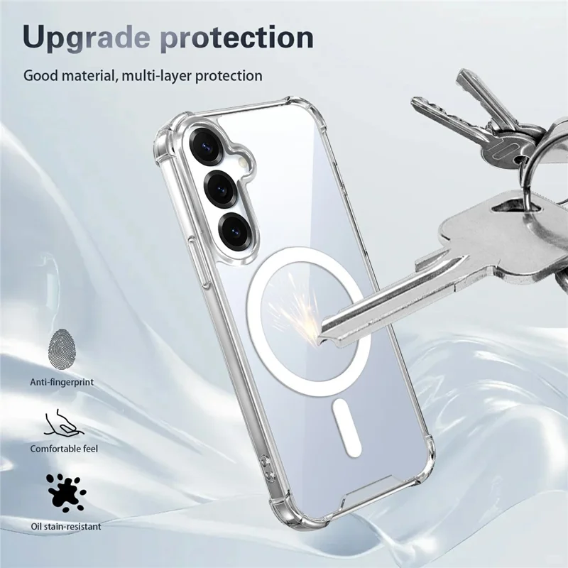 For Samsung Galaxy S26+ Magnetic Case Four-Corner Drop Protection TPU + PC Clear Phone Cover - Transparent