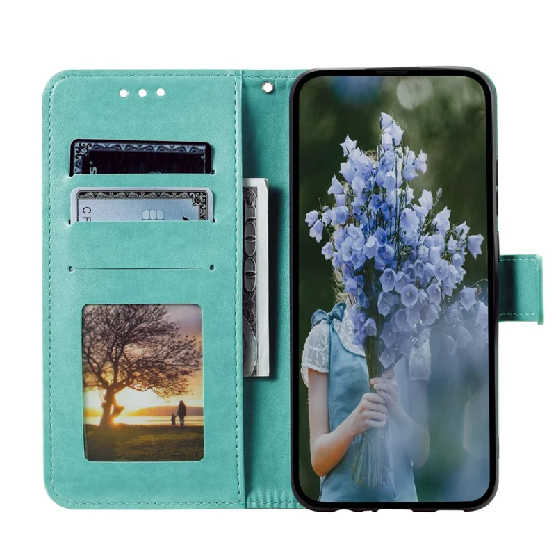 For Google Pixel 11a Stand Case Imprinted Totem PU Leather Wallet Phone Cover with Wrist Strap - Mint Green