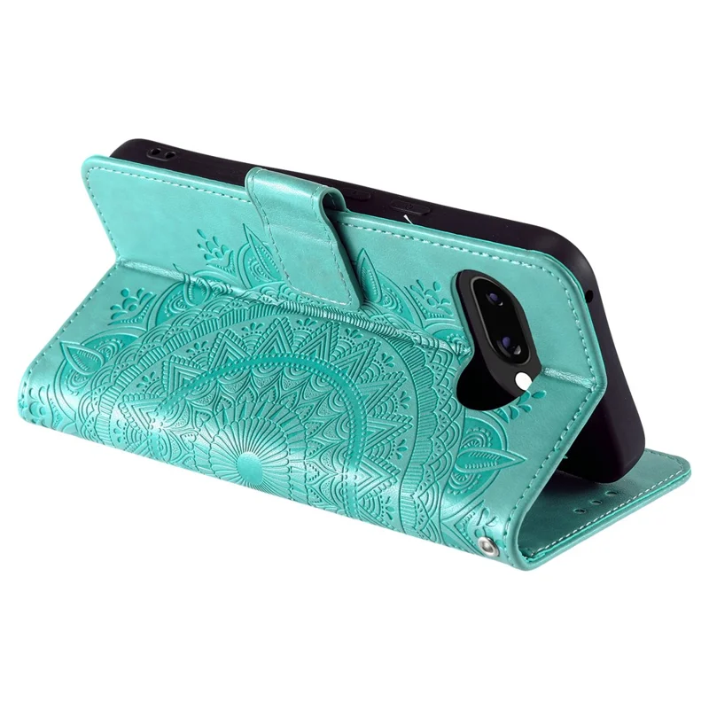 For Google Pixel 11a Stand Case Imprinted Totem PU Leather Wallet Phone Cover with Wrist Strap - Mint Green
