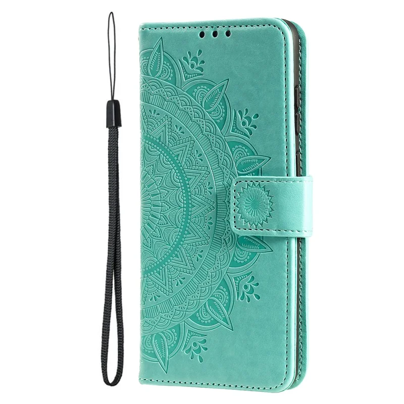 For Google Pixel 11a Stand Case Imprinted Totem PU Leather Wallet Phone Cover with Wrist Strap - Mint Green