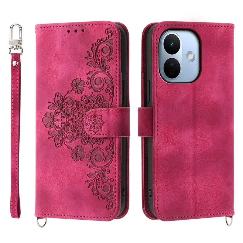 For Xiaomi Redmi Note 17 Pro Max 5G Wallet Case Flower Pattern PU Leather Phone Cover with Strap - Wine Red