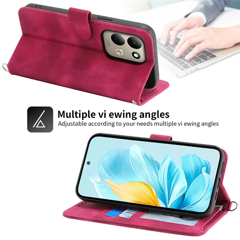 For Xiaomi Poco C95 Pro Wallet Case Flower Pattern PU Leather Phone Cover with Strap - Wine Red